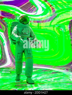 l'astronaute marche dans un fond psychédélique, illustration 3d Banque D'Images