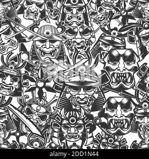 Motif sans couture avec masques samouraïs de style monochrome. Élément de conception pour affiche, carte, bannière. Illustration vectorielle Illustration de Vecteur