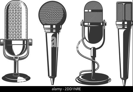 Jeu d'illustrations de microphone de style rétro . Élément design pour affiche, carte, bannière, logo, étiquette, signe, badge, t-shirt. Illustration vectorielle Illustration de Vecteur