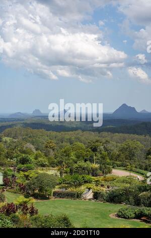 Vue sur les montagnes Glass House depuis les jardins botaniques de Maleny et Birdworld Banque D'Images