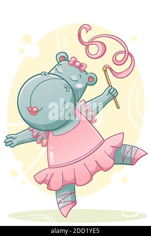 Mignon danse hippo. Illustration vectorielle dessinée à la main avec des calques séparés. Illustration de Vecteur