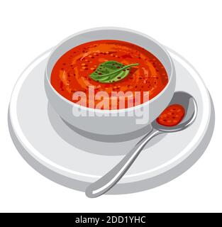 Bol de soupe de tomates servi avec des feuilles de basilic Illustration de Vecteur