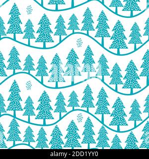 Magnifique vecteur folk art forêt paysage fluide vector motif arrière-plan. Toile de fond bleu blanc avec sapins en rangées sur des collines ondulées. Dessiné à la main Illustration de Vecteur