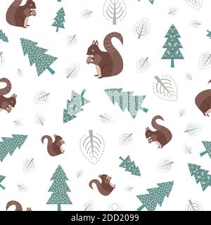 Écureuil mignon en forêt vecteur sans couture motif arrière-plan. Arbres, acornes et animaux des bois parsemés d'art populaire sur fond blanc. Marron, sarcelle, bleu Illustration de Vecteur
