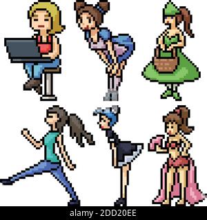 pixel art set isolé femme charmante Illustration de Vecteur