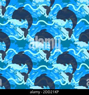 Motif pour garçon. Chemises pour enfants. Motif de dauphins sans couture sur fond bleu clair. Vagues blanches de mer. Taches bleues, texture, texture. Répétition pour Illustration de Vecteur