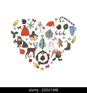 Collection d'éléments de Noël plats dessinés à la main. Illustration de Vecteur
