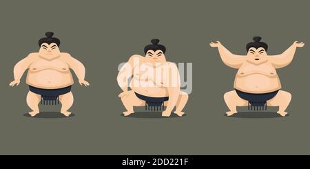 Sumo lutteur dans différentes poses. Personnage masculin de style dessin animé. Illustration de Vecteur