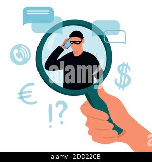 Illustration du concept de la criminalité sur Internet, de la fraude sur les médias sociaux. Main avec une loupe sur un appel criminel sur un smartphone. Illustration vectorielle plate isolée sur fond blanc Illustration de Vecteur