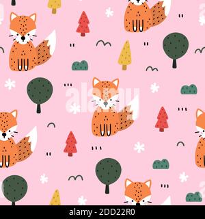 Joli motif sans coutures dans un style scandinave. Scène d'hiver avec renard, forêt, flocons de neige et arbre de Noël. Illustration vectorielle de style Doodle dessinée à la main Illustration de Vecteur