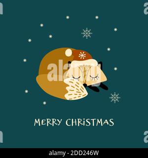 Carte de Noël avec joli renard endormi en chapeau. Illustration vectorielle. Illustration de Vecteur