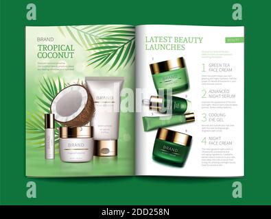 Modèle vectoriel pour magasin cosmétique brillant. Magazine ou catalogue de diffusion, page avec des cosmétiques naturels faits de noix de coco tropicale à côté des feuilles de palmier et page avec vert nuit et jour soin de la peau complexe Illustration de Vecteur