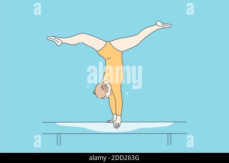 Sport, performance, gymnastique concept. Jeune femme professionnelle fille gymnaste personnage de dessin animé main debout sur l'équilibre de faisceau sur le tournoi. Illustration de Vecteur