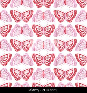Motif papillons, joli dessin main vectorisé répétition sans couture d'insectes dans un agencement géométrique. Illustration vectorielle en rouge et rose. Illustration de Vecteur