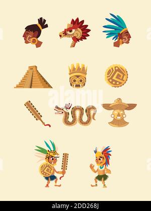personnage aztec personnes serpent pyramide arme native culture icônes vecteur illustration Illustration de Vecteur