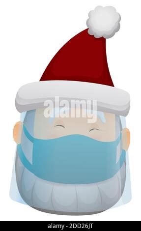 Le Père Noël mignon portant un masque facial et un demi-masque, favorisant la sécurité contre le COVID-19 à Noël. Illustration de Vecteur