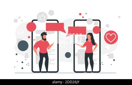Des personnes qui discutent en ligne via des appareils mobiles. L'homme et la femme communiquent à travers l'illustration du vecteur de concept de messagers sociaux Illustration de Vecteur