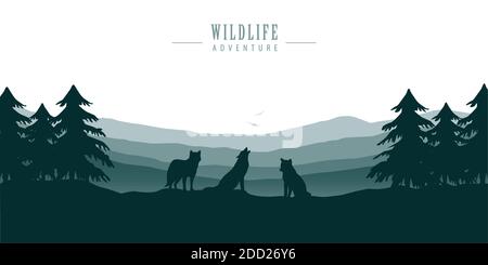 pack de loups sur paysage de forêt bleue avec vecteur de vue sur la montagne Illustration EPS10 Illustration de Vecteur