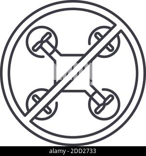 Icône interdite par drone, illustration isolée linéaire, vecteur de ligne mince, signe de conception Web, symbole de concept de contour avec trait modifiable sur blanc Illustration de Vecteur