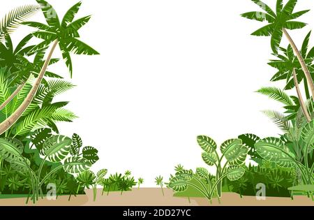 Jungle. Cadre de plantes tropicales et palmiers. Les plantes poussent dans le sable. Style plat. Isolé sur fond blanc. Illustration de Vecteur