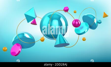 Arrière-plan holographique avec formes géométriques 3d, sphères et anneaux dorés. Motif vectoriel abstrait avec turquoise et bleu rend les figures, le cône, la boule, l'octaèdre et l'hémisphère sur fond bleu Illustration de Vecteur