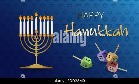 Hanoukkah Shining Background avec Menorah, David Star et les rêvés. Un arrière-plan heureux de Hanoukkah. Symboles traditionnels de Chanukah isolés en bleu. Parfait pour Illustration de Vecteur