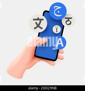 Tient les mains du téléphone portable. Concept de l'application langue. Apprentissage de langues étrangères à l'aide du smartphone. Illustration pour les sites Web, bannières. Illustration vectorielle Illustration de Vecteur