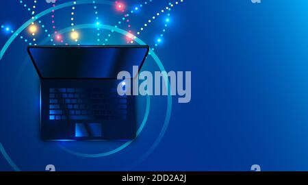 Ordinateur portable sur fond bleu. Style futuriste. Connexion réseau et Internet. Illustration vectorielle Illustration de Vecteur