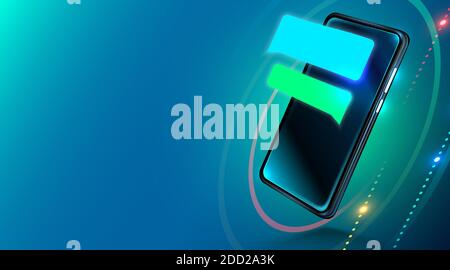 Smartphone moderne et réaliste avec bulles de chat vides à l'écran. Message ou sms sur téléphone mobile. Illustration vectorielle. Illustration de Vecteur