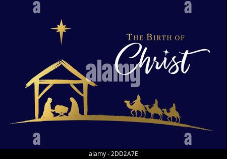 La naissance du Christ, scène de la Nativité du bébé Jésus dans la mangeoire. Sainte famille, trois rois sages et étoile de Bethléem, conception de bannière. Carte vectorielle Illustration de Vecteur