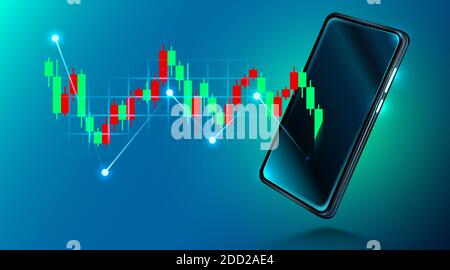 Trading d'investissement mobile sur le marché boursier. Analyses financières. Concept de bourse mobile, affaires et investissement, analyse de marché. Graphique avec bougeoirs sur l'écran du smartphone. Illustration vectorielle. Illustration de Vecteur