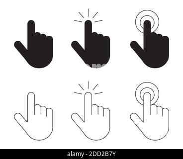 Jeu d'icônes de clic manuel. En cliquant sur les symboles vectoriels de la main du pointeur dans le style de contour isolé Illustration de Vecteur