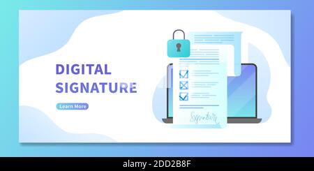 Signature numérique sur contrat électronique, bannière Web. Ordinateur portable ouvert avec contrat intelligent ou électronique avec inscription numérique. Concept de protection des données Illustration de Vecteur