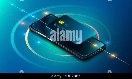 Téléphone portable et carte de crédit. Services bancaires par Internet. Sécurité de paiement en ligne. Protection achats paiement sans fil via smartphone. Technologie numérique. Illustration vectorielle Illustration de Vecteur