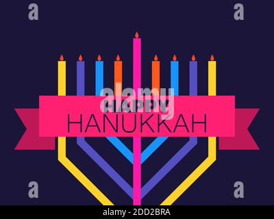 Bonne Hanoukkah. Menorah multicolore avec neuf bougies et ruban. Carte de voeux pour festival juif. Illustration vectorielle Illustration de Vecteur