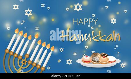 Hanoukkah Shining Background avec Menorah, David Star, beignets de sufganiyot frits,. Un arrière-plan heureux de Hanoukkah. Symboles traditionnels de Chanukah isolés Illustration de Vecteur