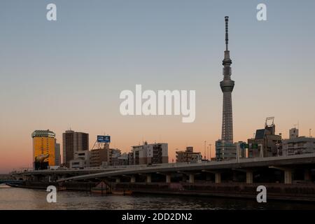 Tokyo Skytree au crépuscule, au-dessus des buidings de Sumida Rive et Asakusa. Tokyo, Japon. Banque D'Images