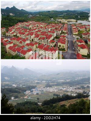 (201124) -- GUIYANG, 24 novembre 2020 (Xinhua) -- dans cette photo combinée, la partie supérieure montre la vue aérienne du nouveau look du village de Hanglong prise le 24 juillet 2019 et la photo du fichier inférieur montre son aspect précédent, dans le comté de Pingtang, dans la province de Guizhou, au sud-ouest de la Chine. La Chine a réussi à retirer tous les comtés restants de la liste de pauvreté du pays. Les neuf derniers comtés appauvris, tous dans la province de Guizhou, dans le sud-ouest de la Chine, ont éliminé la pauvreté absolue, a annoncé lundi le gouvernement provincial. Cela signifie que les 832 comtés pauvres enregistrés en Chine ont tous été ébranlés Banque D'Images