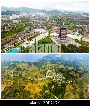 (201124) -- GUIYANG, 24 novembre 2020 (Xinhua) -- Dans cette photo combinée, la photo aérienne supérieure prise le 6 juin 2019 par Yang Wenbin montre le nouveau look de la ville d'Ameiqituo et la photo aérienne inférieure prise en 2017 par Wen Sen montre le village de Sanbao avant sa réinstallation dans le comté de Qinglong, dans la province de Guizhou, au sud-ouest de la Chine. La Chine a réussi à retirer tous les comtés restants de la liste de pauvreté du pays. Les neuf derniers comtés appauvris, tous dans la province de Guizhou, dans le sud-ouest de la Chine, ont éliminé la pauvreté absolue, a annoncé lundi le gouvernement provincial. Cela signifie que tout Banque D'Images