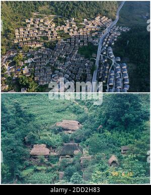 (201124) -- GUIYANG, 24 novembre 2020 (Xinhua) -- dans cette photo combinée, la photo aérienne supérieure prise par Yang Wenbin le 5 novembre 2019 montre la nouvelle zone de réinstallation des immigrants écologiques dans le canton de Yaoshan; Et la photo du fichier de la partie inférieure montre l'ancienne maison de chaume dans le canton de Yaoshan, dans le comté de Libo, dans le sud-ouest de la Chine, province de Guizhou. La Chine a réussi à retirer tous les comtés restants de la liste de pauvreté du pays. Les neuf derniers comtés appauvris, tous dans la province de Guizhou, dans le sud-ouest de la Chine, ont éliminé la pauvreté absolue, a annoncé lundi le gouvernement provincial. Ce m Banque D'Images