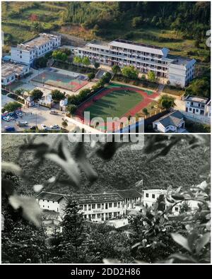 (201124) -- GUIYANG, 24 novembre 2020 (Xinhua) -- Dans cette photo combinée, la partie supérieure prise par Yang Wenbin le 5 novembre 2019 montre la vue aérienne de l'école primaire de Yaoshan Minzu, et la partie inférieure d'une photo de fichier fournie par le gouvernement local montrant le regard précédent de l'école, dans le comté de Libo, dans la province de Guizhou, au sud-ouest de la Chine. La Chine a réussi à retirer tous les comtés restants de la liste de pauvreté du pays. Les neuf derniers comtés appauvris, tous dans la province de Guizhou, dans le sud-ouest de la Chine, ont éliminé la pauvreté absolue, a annoncé lundi le gouvernement provincial. Cela signifie TH Banque D'Images