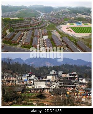 (201124) -- GUIYANG, 24 novembre 2020 (Xinhua) -- Dans cette photo combinée, la partie supérieure prise le 6 juin 2019 par Yang Wenbin montre le nouveau look de la ville d'Ameiqituo et la partie inférieure prise le 15 janvier 2018 par Chen Yalin montre le village de Sanbao avant sa réinstallation dans le comté de Qinglong, dans la province de Guizhou, au sud-ouest de la Chine. La Chine a réussi à retirer tous les comtés restants de la liste de pauvreté du pays. Les neuf derniers comtés appauvris, tous dans la province de Guizhou, dans le sud-ouest de la Chine, ont éliminé la pauvreté absolue, a annoncé lundi le gouvernement provincial. Cela signifie que tous les 832 Banque D'Images