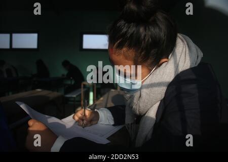 Katmandou, ne, Népal. 24 novembre 2020. Les élèves du Népal, masqués, passent leurs examens finaux de 12 e année au milieu de la pandémie de Covid-19 après un report de huit mois, à Katmandou, Népal, le 24 novembre 2020. Crédit: Aryan Dhimal/ZUMA Wire/Alay Live News Banque D'Images