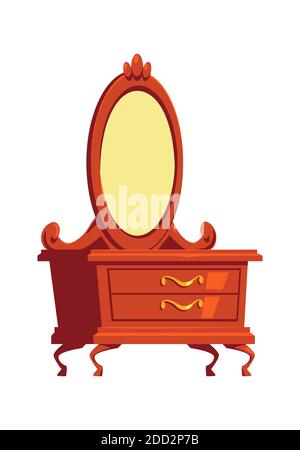 Commode rétro, coiffeuse avec miroir, mobilier en bois élément intérieur dessin animé vecteur illustration isolée Illustration de Vecteur