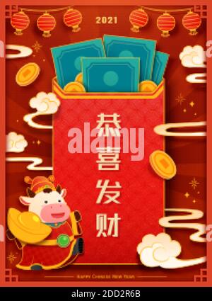 2021 année de l'affiche de salutation de boeuf conçu avec une grande enveloppe rouge remplie d'argent, et la richesse de Dieu à côté d'elle tenant un gros lingot, chinois Illustration de Vecteur