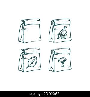 Sac de papier avec différents tirages. Sac en papier à emporter avec des aliments ou d'autres produits. Illustration vectorielle Illustration de Vecteur