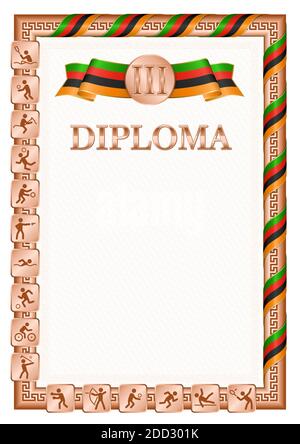 Diplôme vertical pour troisième place dans une compétition sportive, couleur bronze avec un ruban la couleur du drapeau de Zambie. Image vectorielle. Illustration de Vecteur