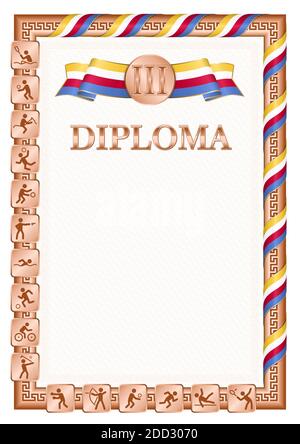 Diplôme vertical pour troisième place dans une compétition sportive, couleur bronze avec un ruban la couleur du drapeau des Comores. Image vectorielle. Illustration de Vecteur