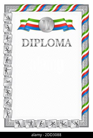 Diplôme vertical pour la deuxième place dans une compétition sportive, couleur argent avec un ruban la couleur du drapeau de la Guinée équatoriale. Image vectorielle. Illustration de Vecteur