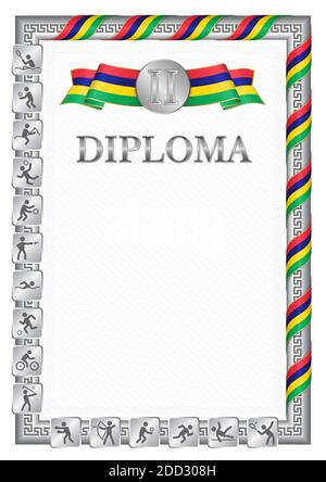 Diplôme vertical pour la deuxième place dans une compétition sportive, couleur argent avec un ruban la couleur du drapeau de Maurice. Image vectorielle. Illustration de Vecteur